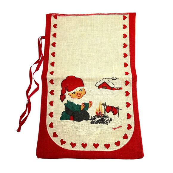 Vintage Sandra Tomte Swedish Christmas Jute Sack Campfire Design Hearts Mittens - Picture 1 of 5